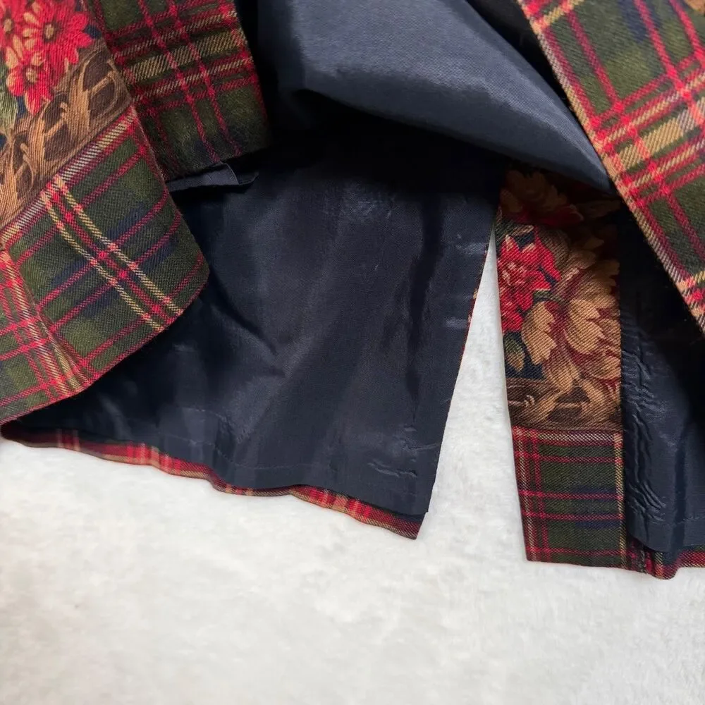 Talbots Petites 12 Plaid Floral Border Faux Wrap Maxi Skirt Red Green Lined